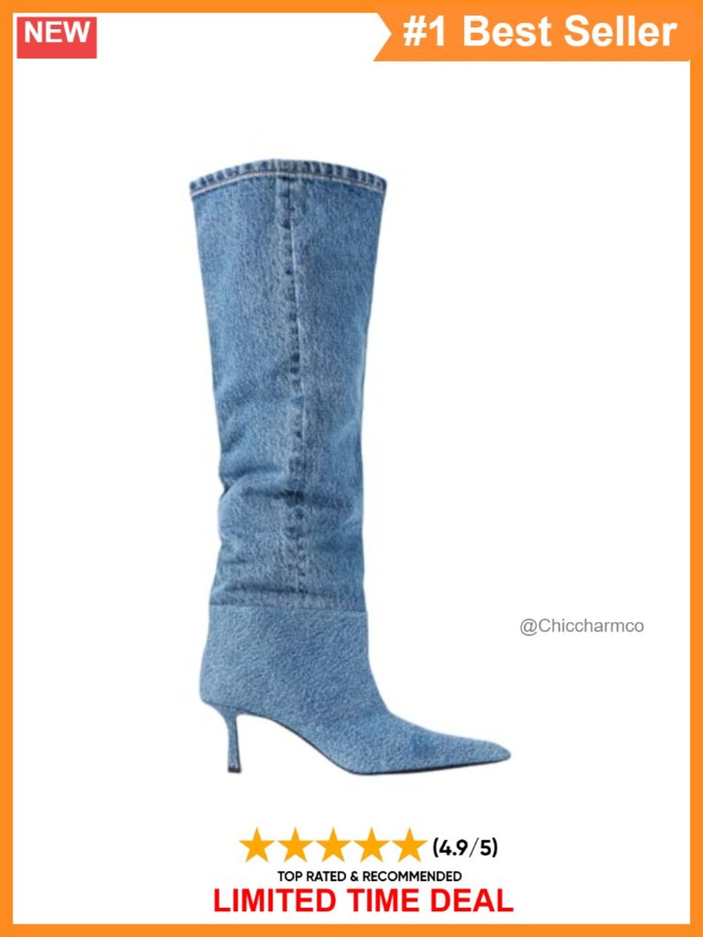 Knee High Boots Pointed Toe Denim Stiletto Heel Pull-On